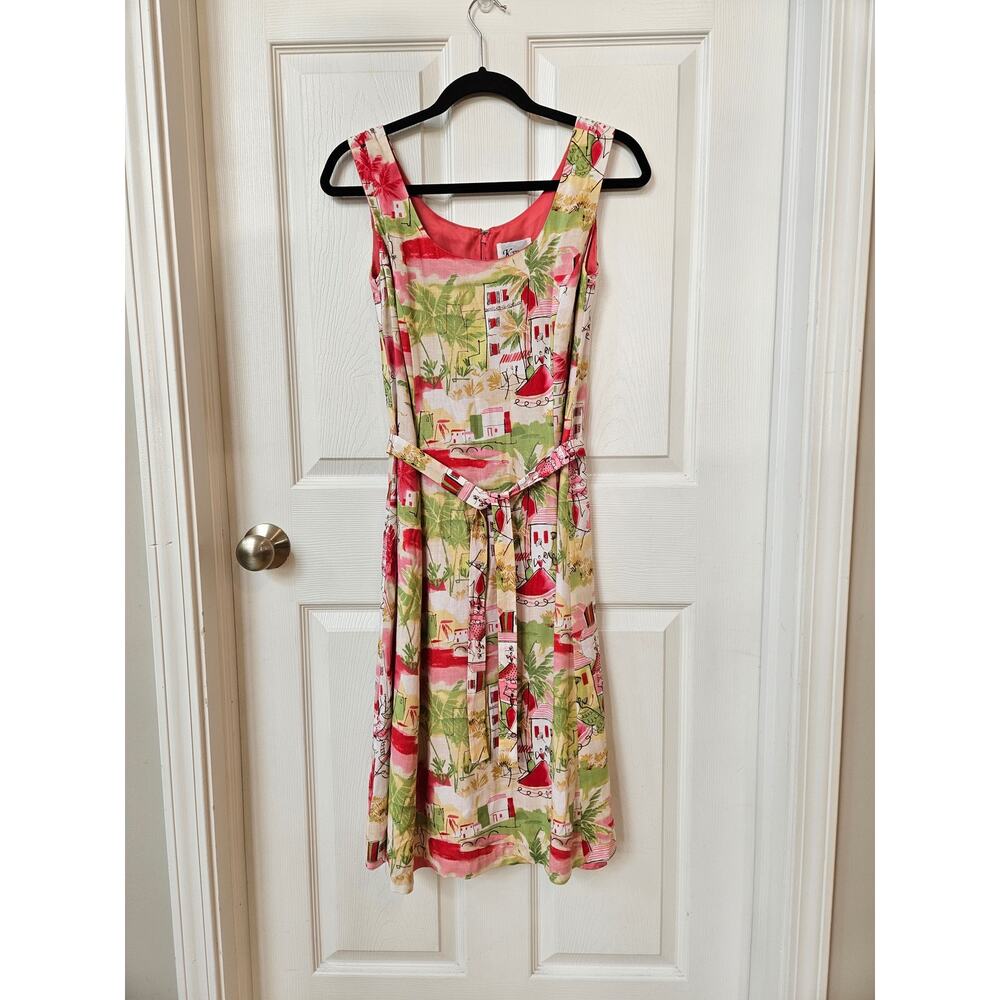 K Studio Linen Blend Parisian Scenic Dress Women Size 6 Pink Green Belted Midi